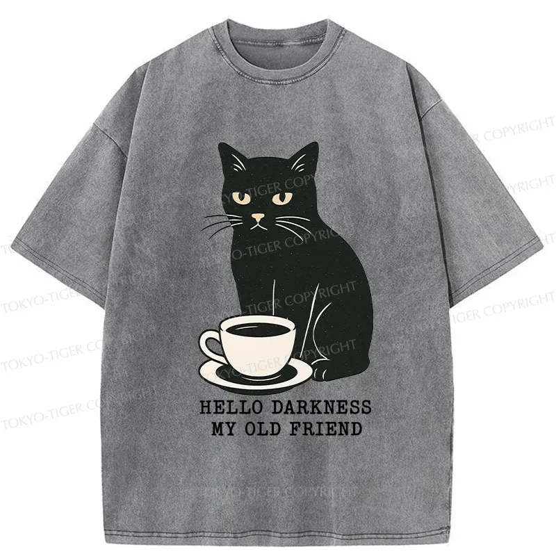 Tokyo-Tiger Black Cat Drinking Coffee Washed T-Shirt