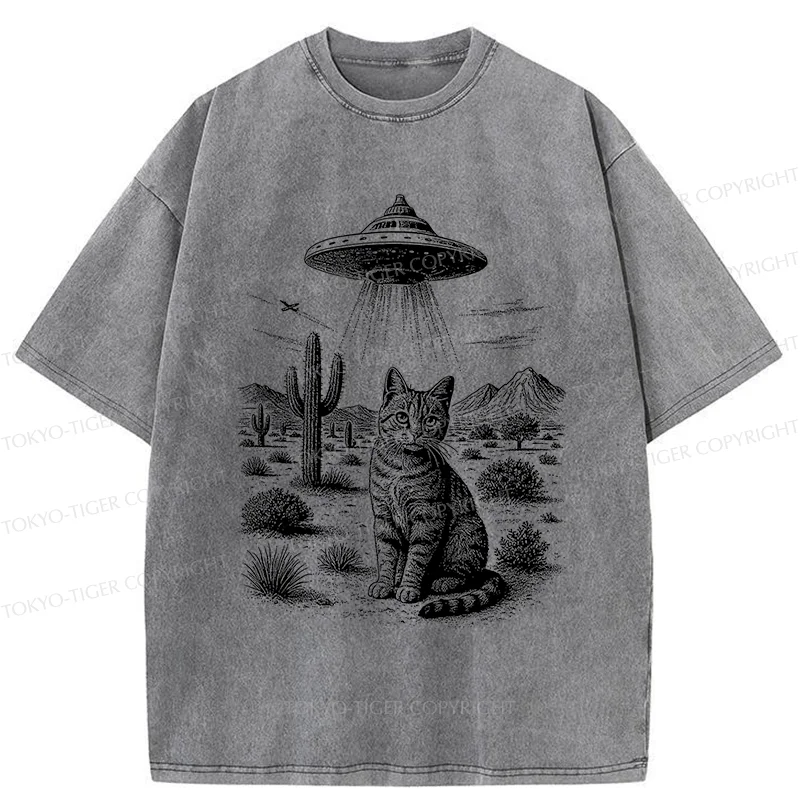Tokyo-Tiger UFO And Cat Washed T-Shirt