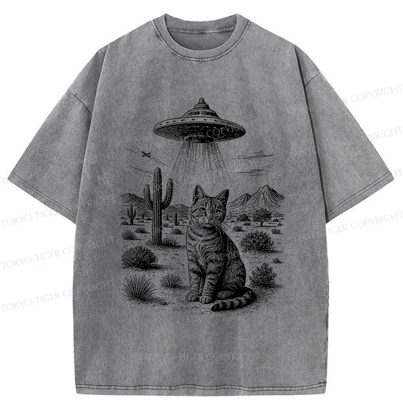 Tokyo-Tiger UFO And Cat Washed T-Shirt
