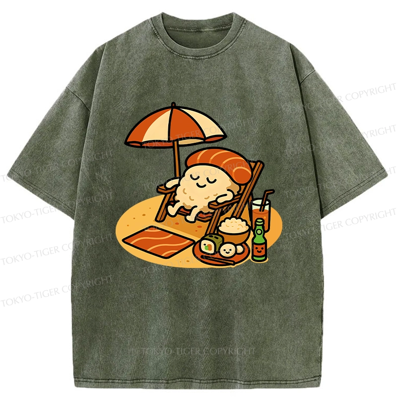 Tokyo-Tiger Funny Sushi Enjoying Sunbathing Washed T-Shirt