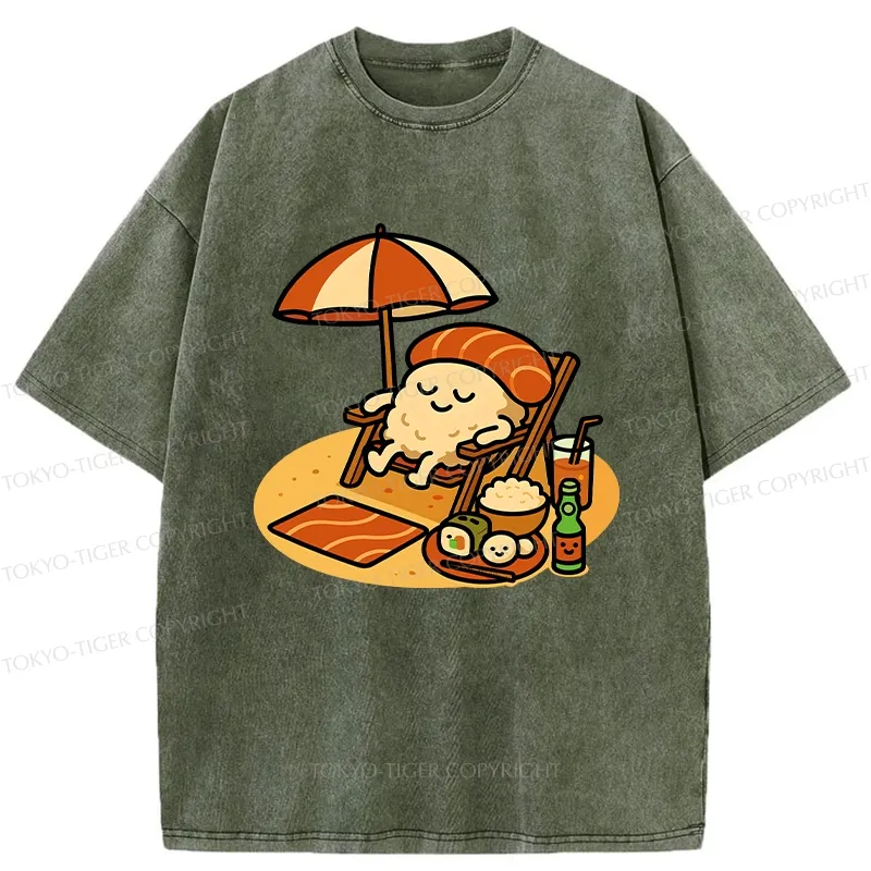 Tokyo-Tiger Funny Sushi Enjoying Sunbathing Washed T-Shirt