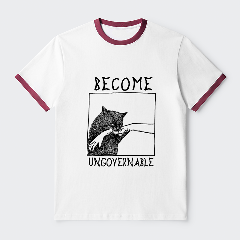 Tokyo-Tiger Cat Biting Arm Contrast Trim T-Shirt