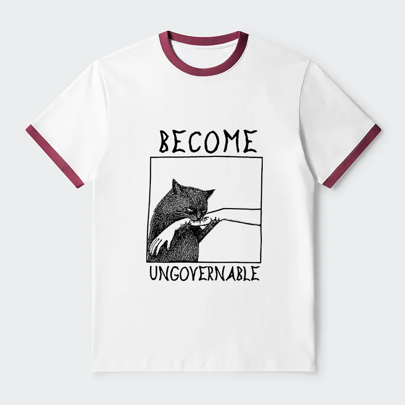 Tokyo-Tiger Cat Biting Arm Contrast Trim T-Shirt