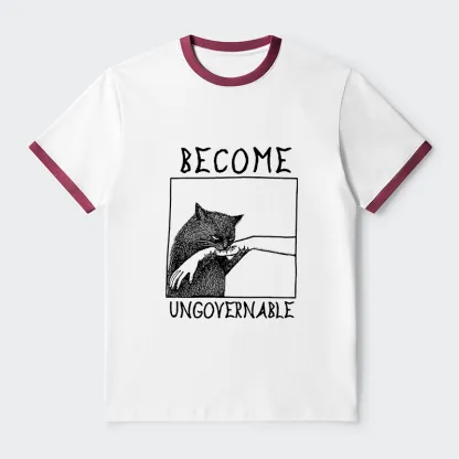 Tokyo-Tiger Cat Biting Arm Contrast Trim T-Shirt