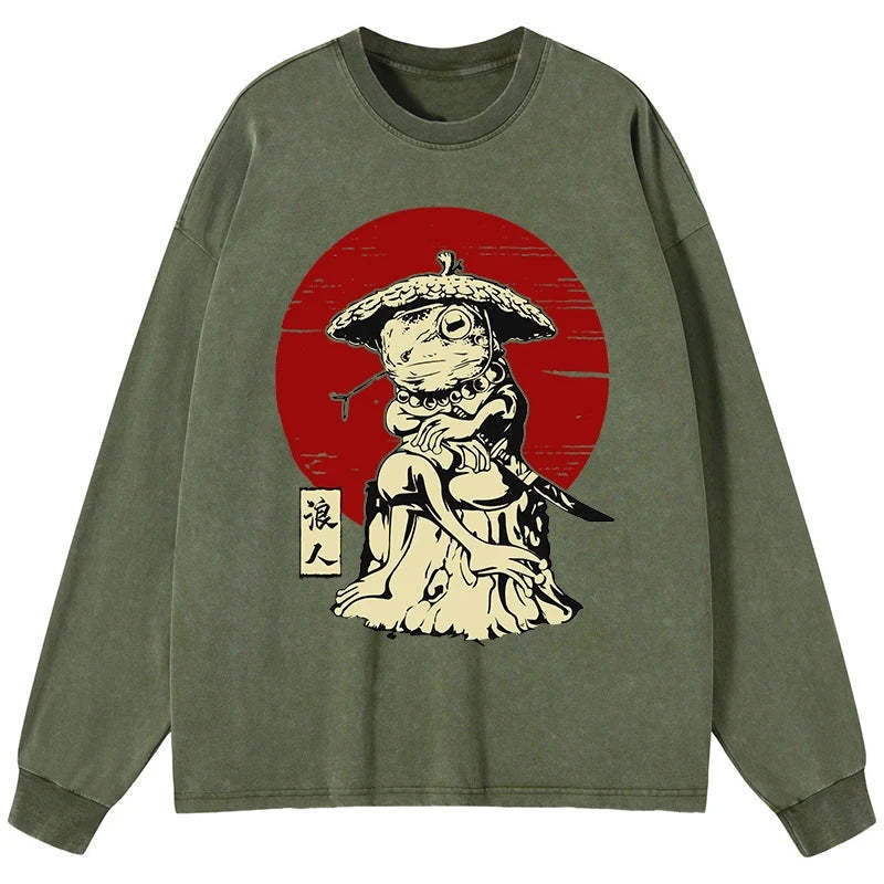 Tokyo-Tiger Rounin Japanese Frog Samurai Washed Long Sleeve T-Shirt