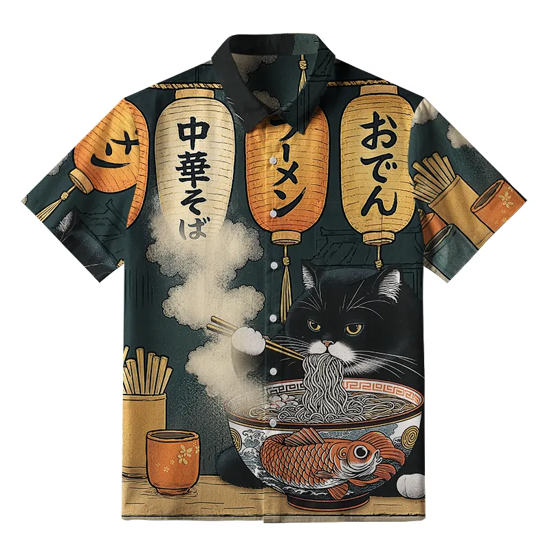 Tokyo-Tiger Fat Cat Eating Ramen Button-up Shirt