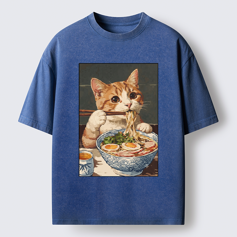 Tokyo-Tiger Cute Cat Eating Ramen Japanese Poster Washed T-Shirt