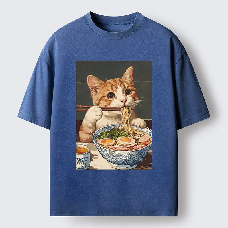 Tokyo-Tiger Cute Cat Eating Ramen Japanese Poster Washed T-Shirt
