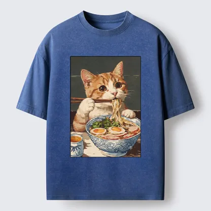 Tokyo-Tiger Cute Cat Eating Ramen Japanese Poster Washed T-Shirt