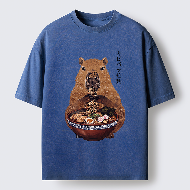 Tokyo-Tiger Japanese Retro Capybara Eating Ramen Washed T-Shirt