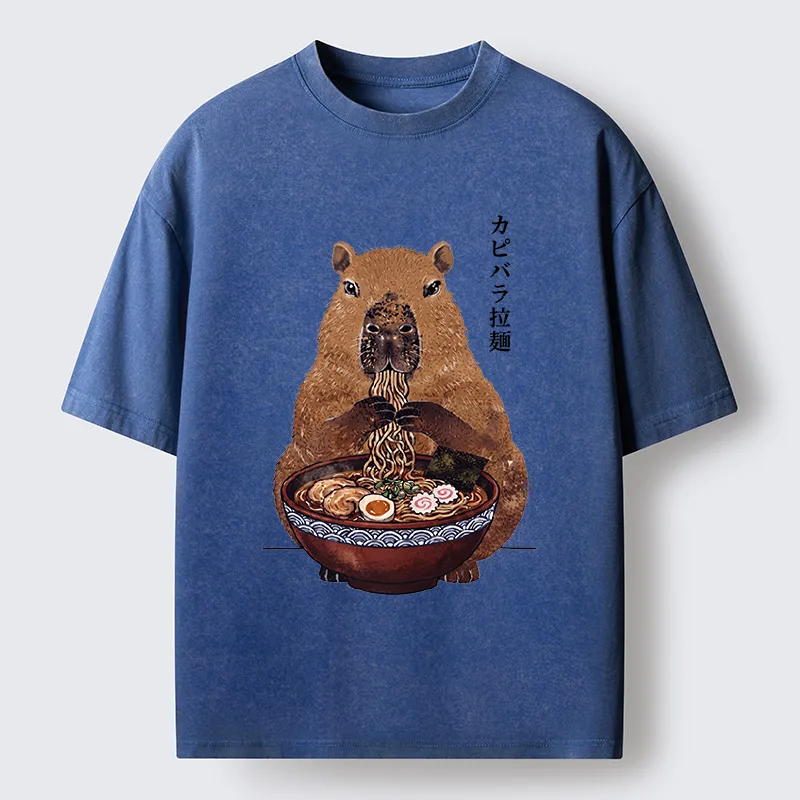 Tokyo-Tiger Japanese Retro Capybara Eating Ramen Washed T-Shirt