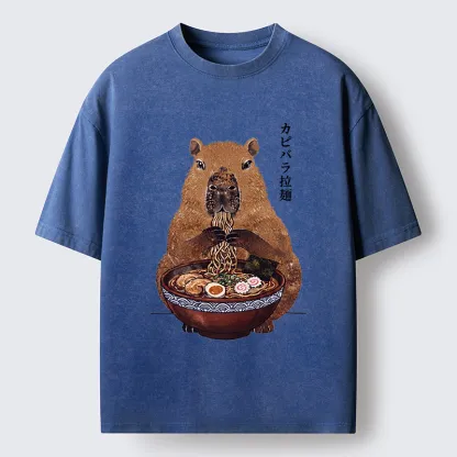 Tokyo-Tiger Japanese Retro Capybara Eating Ramen Washed T-Shirt