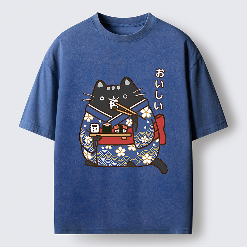 Tokyo-Tiger Geisha Cat Sushi Washed T-Shirt