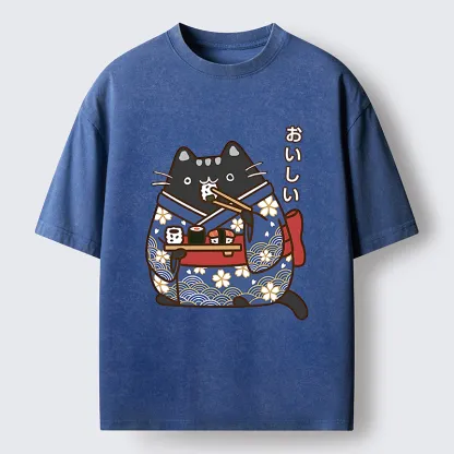 Tokyo-Tiger Geisha Cat Sushi Washed T-Shirt