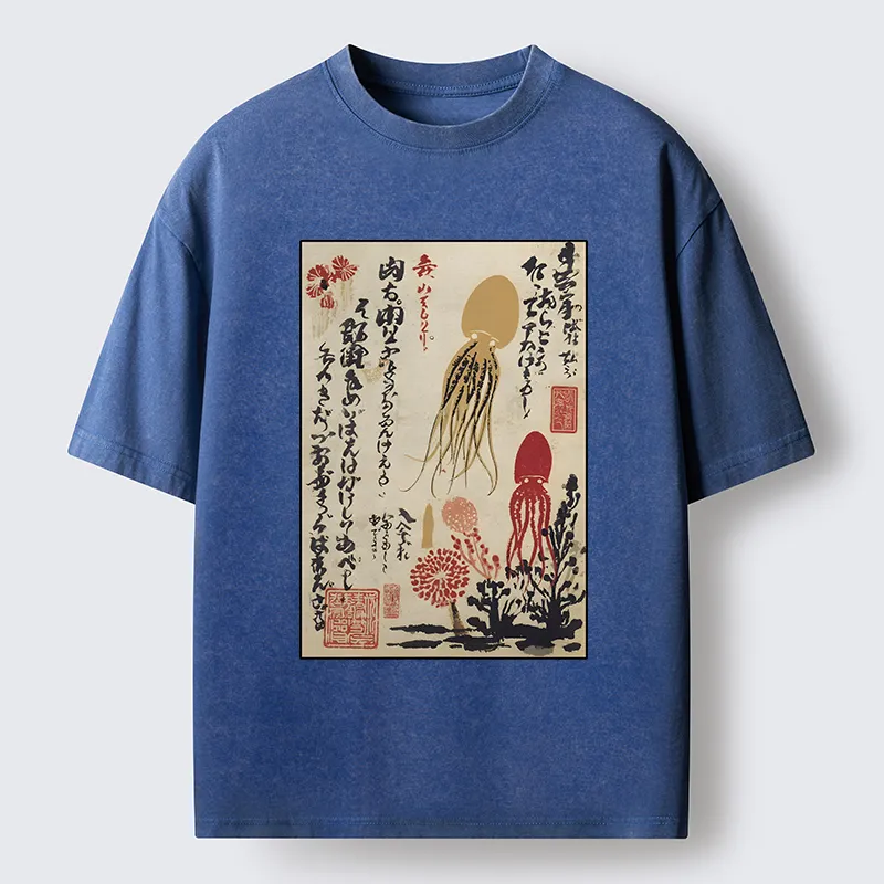 Tokyo-Tiger Ink Painting Octopus Ukiyoe Washed T-Shirt