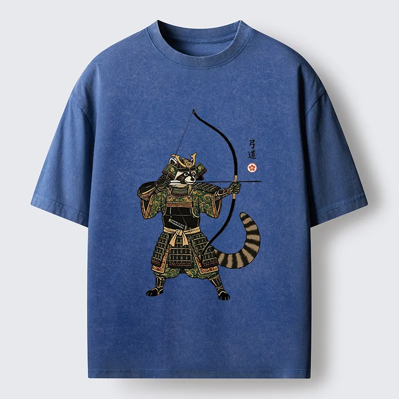 Tokyo-Tiger Kyudo Raccoon Samurai Washed T-Shirt
