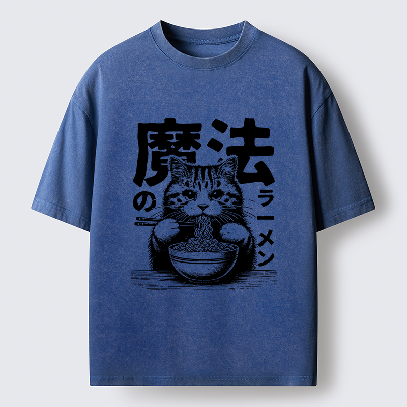 Tokyo-Tiger Cat Eating Magic Ramen Washed T-Shirt