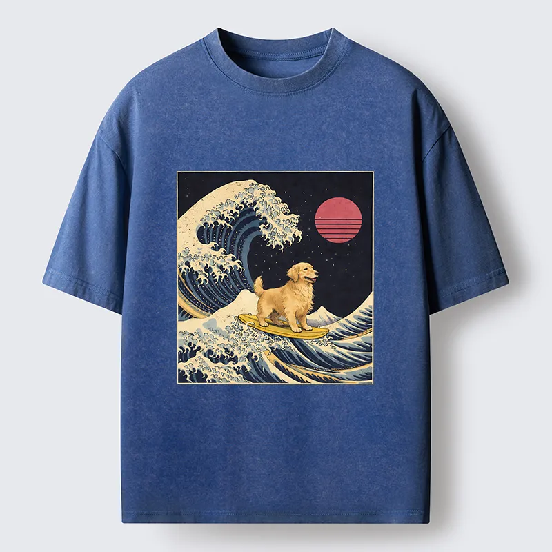 Tokyo-Tiger The Great Wave Dog Funny Washed T-Shirt