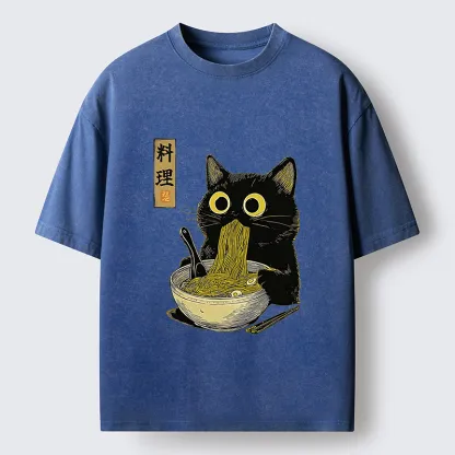 Tokyo-Tiger Japanese Black Cat Ramen Noodle Washed T-Shirt