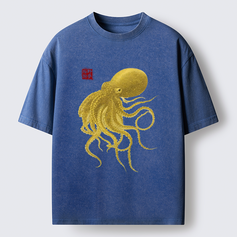 Tokyo-Tiger Woodblock Golden Octopus Washed T-Shirt