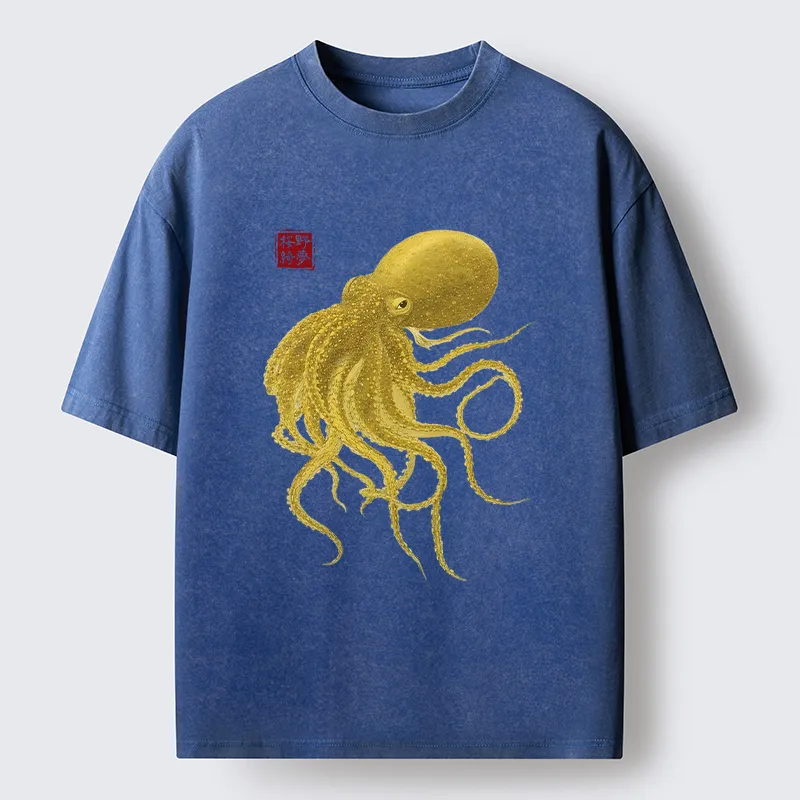 Tokyo-Tiger Woodblock Golden Octopus Washed T-Shirt