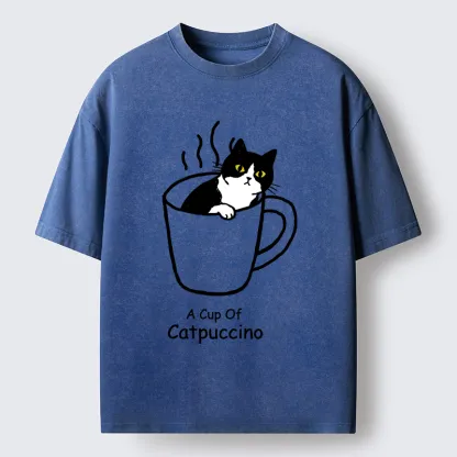 Tokyo-Tiger Catpuccino Cat Coffee Funny Washed T-Shirt