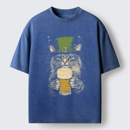 Tokyo-Tiger St Patrick's Day Drinking Cat Washed T-Shirt