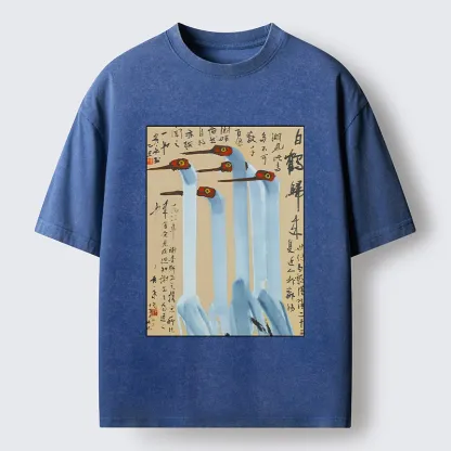 Tokyo-Tiger Vintage Ink Painting Crane Art Washed T-Shirt
