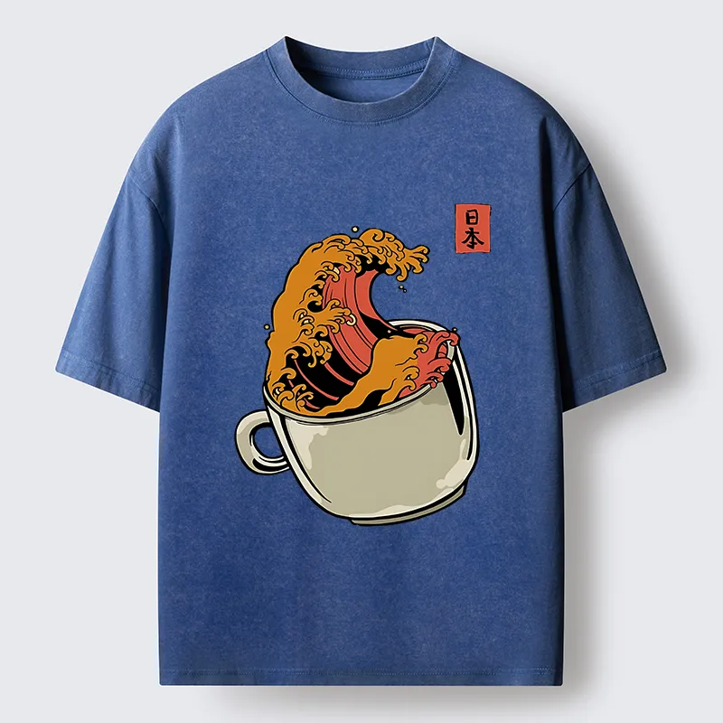 Tokyo-Tiger Japanese Wave Coffee Ukiyoe Washed T-Shirt