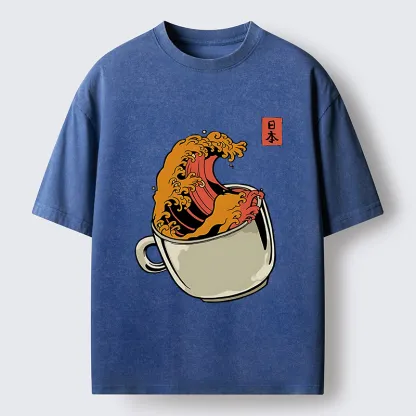 Tokyo-Tiger Japanese Wave Coffee Ukiyoe Washed T-Shirt