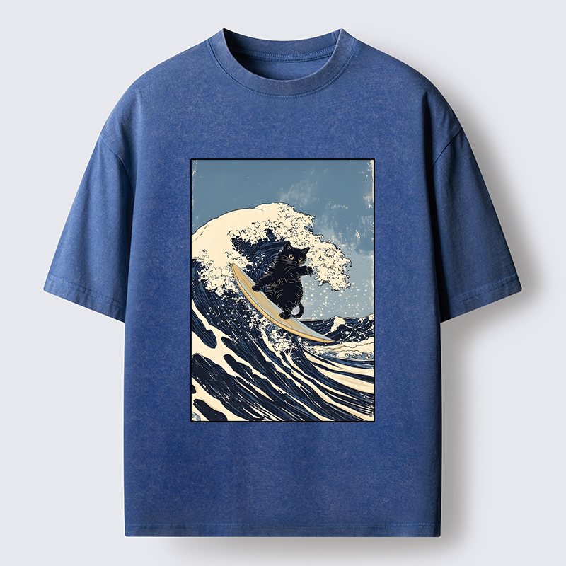 Tokyo-Tiger Black Cat Surfing Wave Japanese Ukiyoe Washed T-Shirt