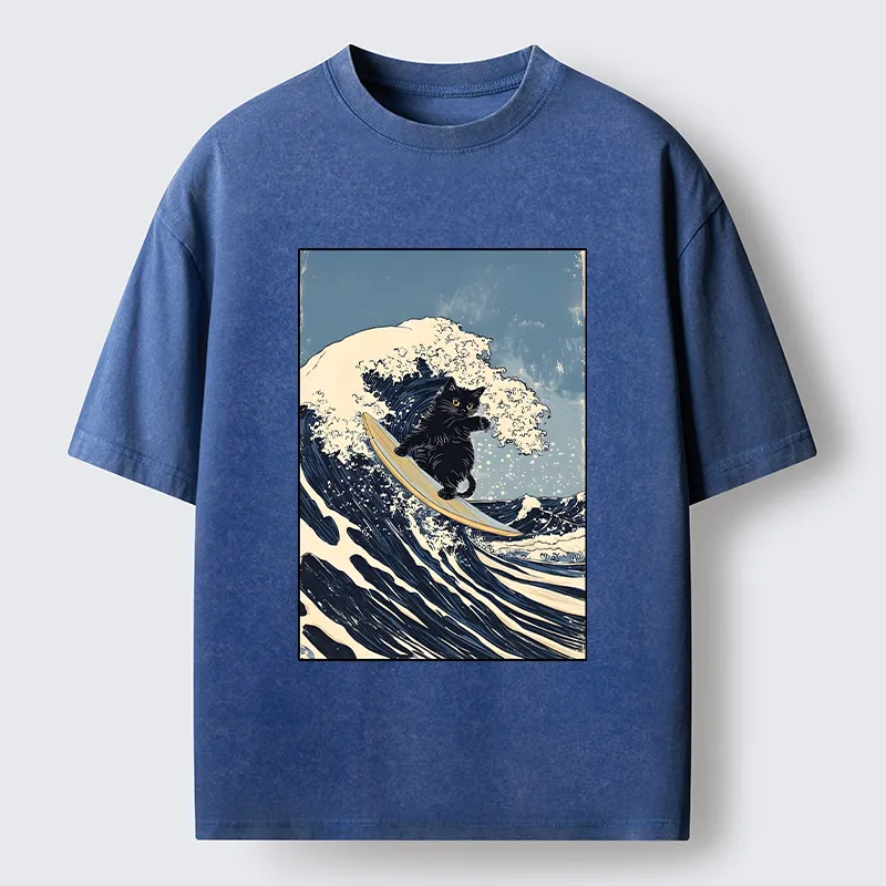 Tokyo-Tiger Black Cat Surfing Wave Japanese Ukiyoe Washed T-Shirt