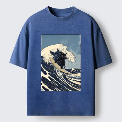 Tokyo-Tiger Black Cat Surfing Wave Japanese Ukiyoe Washed T-Shirt