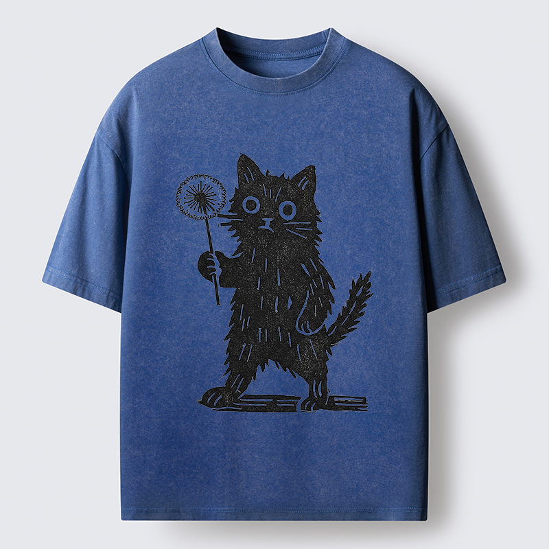 Tokyo-Tiger Cat And Dandelion Woodblock Washed T-Shirt