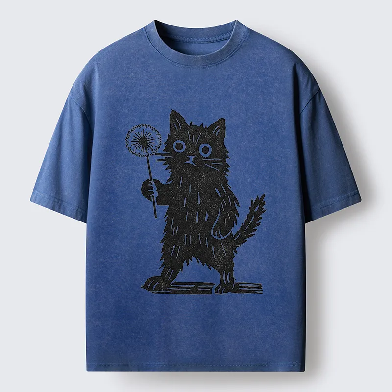 Tokyo-Tiger Cat And Dandelion Woodblock Washed T-Shirt
