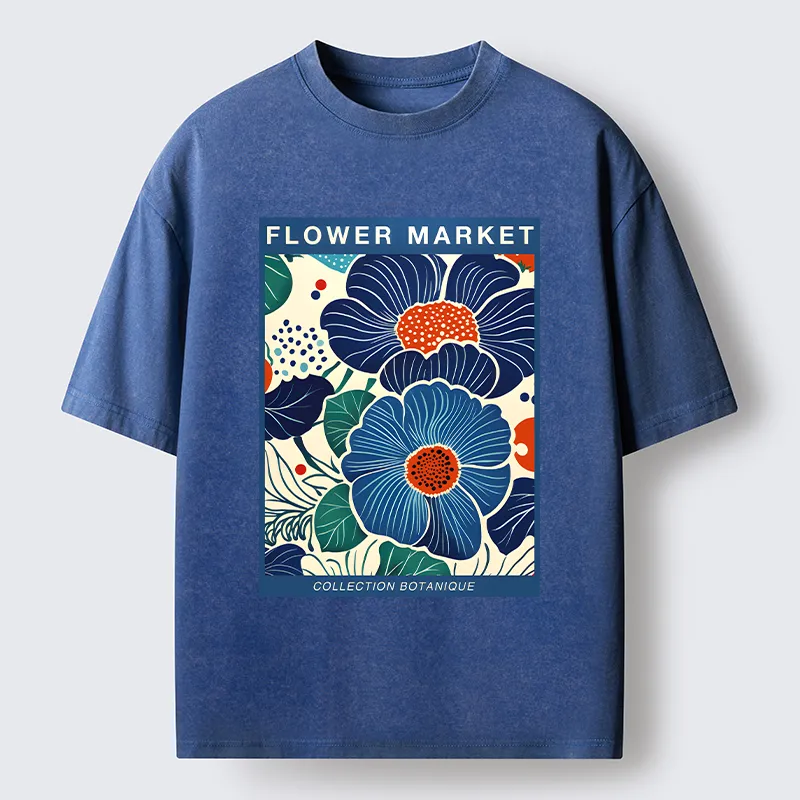 Tokyo-Tiger Blue Flowers Botanical Art Washed T-Shirt