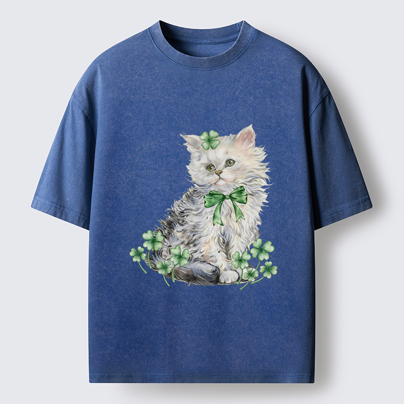 Tokyo-Tiger St Patricks Day Cat Clover Washed T-Shirt