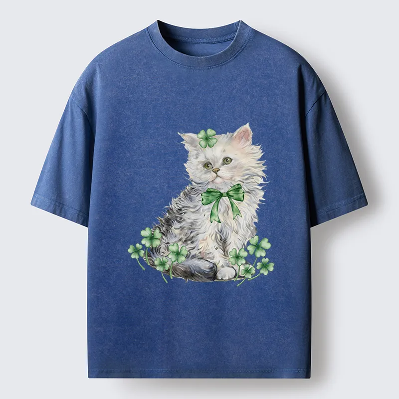 Tokyo-Tiger St Patricks Day Cat Clover Washed T-Shirt