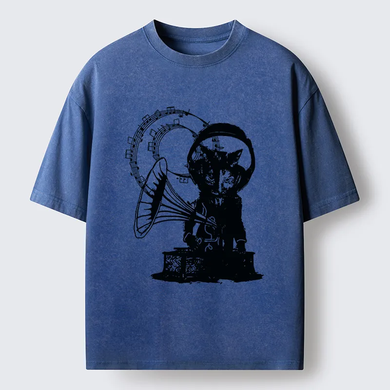 Tokyo-Tiger Vintage Cat Phonograph Music Washed T-Shirt