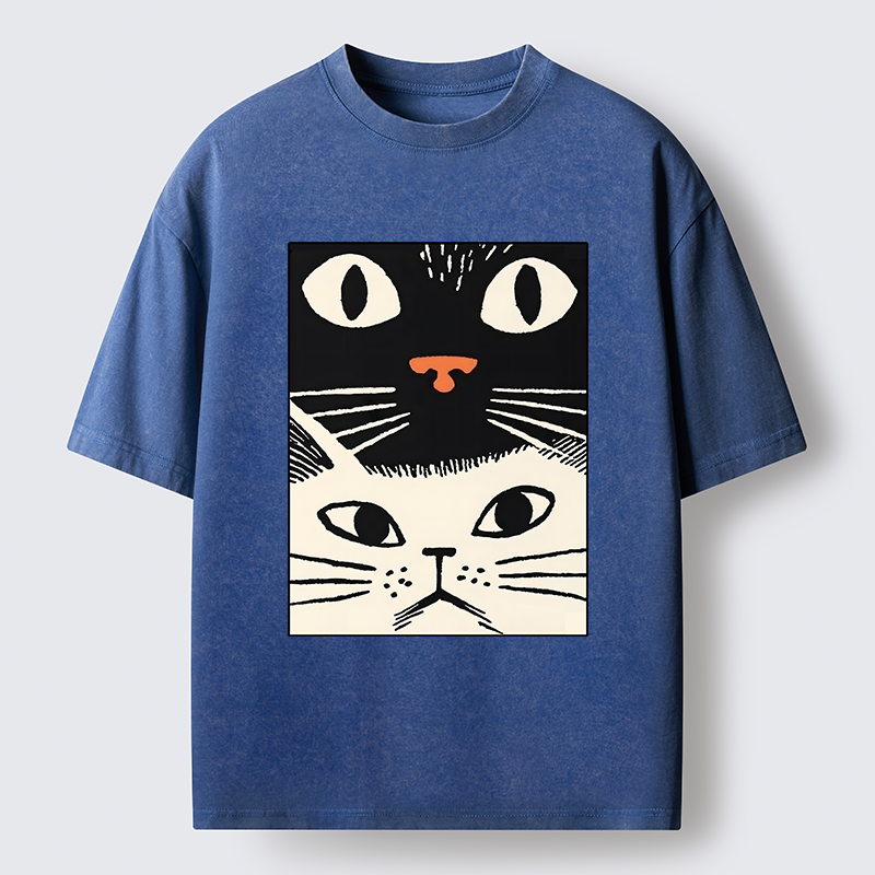 Tokyo-Tiger Black Cat And White Cat Washed T-Shirt