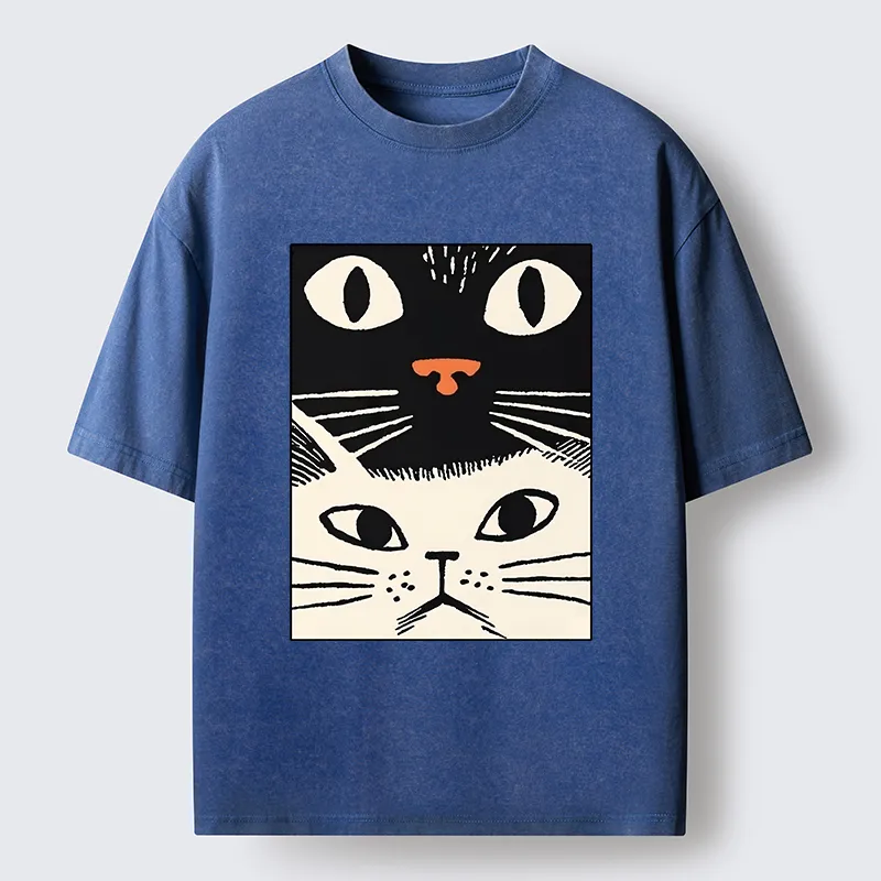 Tokyo-Tiger Black Cat And White Cat Washed T-Shirt
