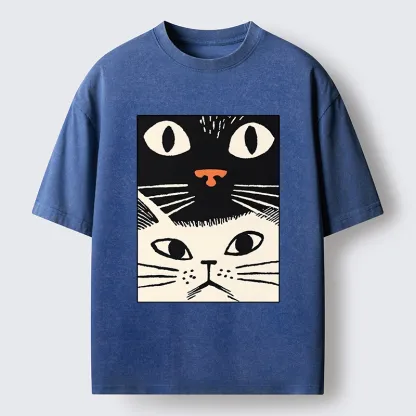 Tokyo-Tiger Black Cat And White Cat Washed T-Shirt