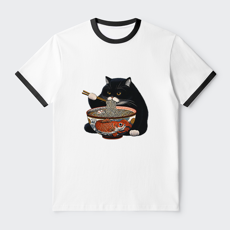 Tokyo-Tiger Fat Cat Eating Ramen Contrast Trim T-Shirt