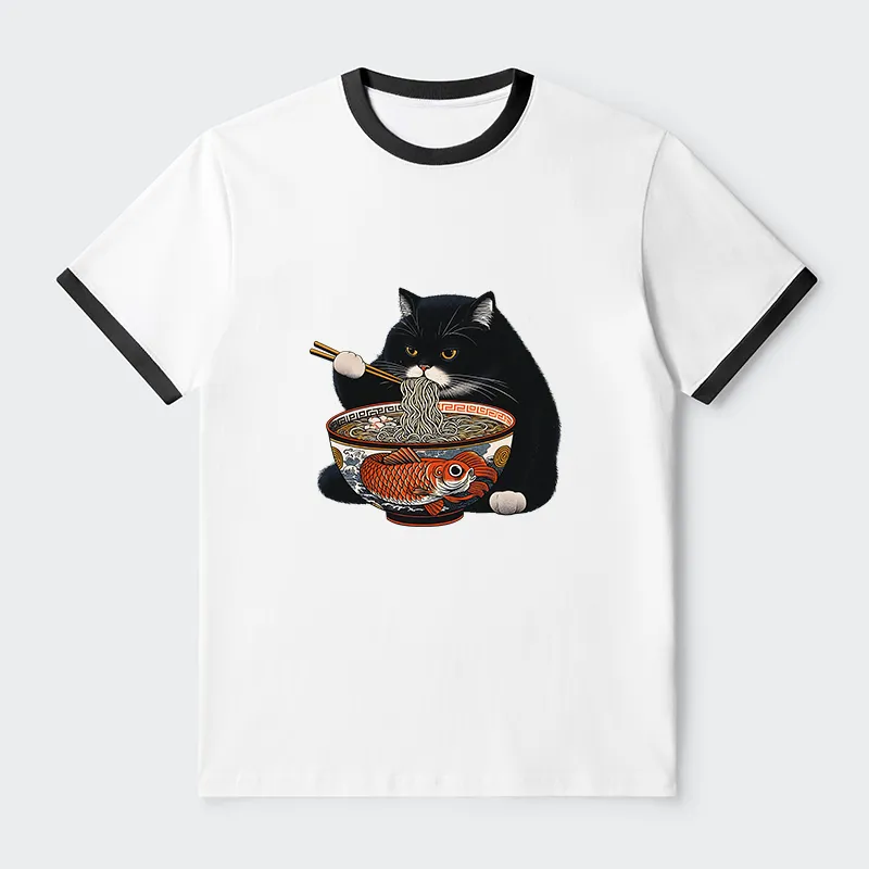 Tokyo-Tiger Fat Cat Eating Ramen Contrast Trim T-Shirt