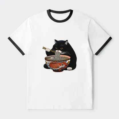 Tokyo-Tiger Fat Cat Eating Ramen Contrast Trim T-Shirt