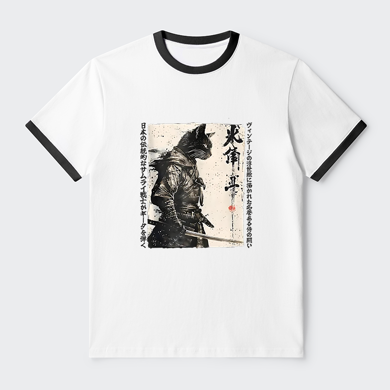 Tokyo-Tiger Cat Samurai Retro Contrast Trim T-Shirt