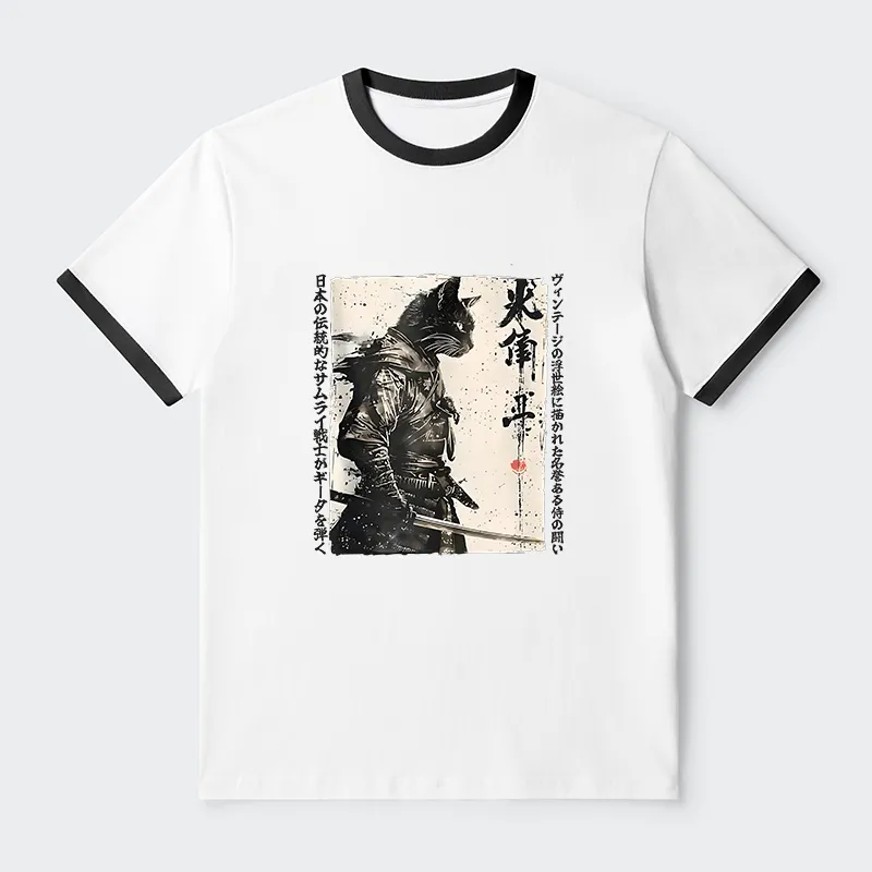 Tokyo-Tiger Cat Samurai Retro Contrast Trim T-Shirt