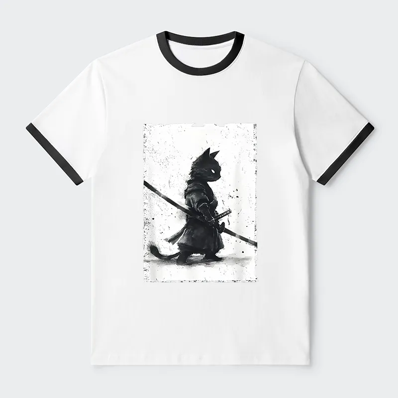 Tokyo-Tiger Retro Cat Samurai Japanese Contrast Trim T-Shirt