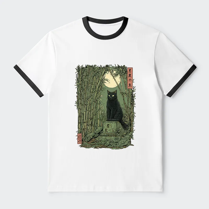 Tokyo-Tiger Black Cat In The Bamboo Forest Contrast Trim T-Shirt