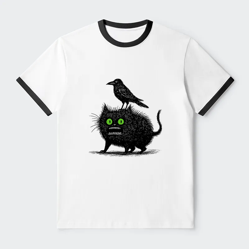 Tokyo-Tiger Crow And Black Cat Contrast Trim T-Shirt
